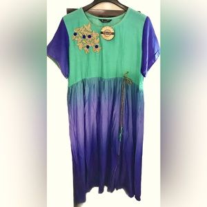 Hand dyed handmade Indian Summer Tunic w/Ruffle, Embroidered flower. NWT Size XL